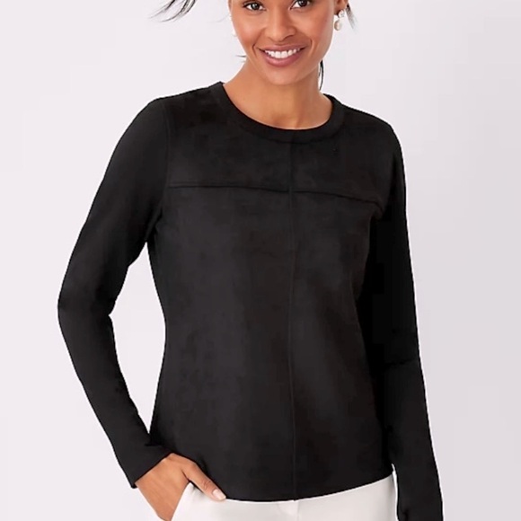 NWT Ann Taylor Faux Suede Mixed Media Long Sleeve Black Top Size XXS - Picture 1 of 10